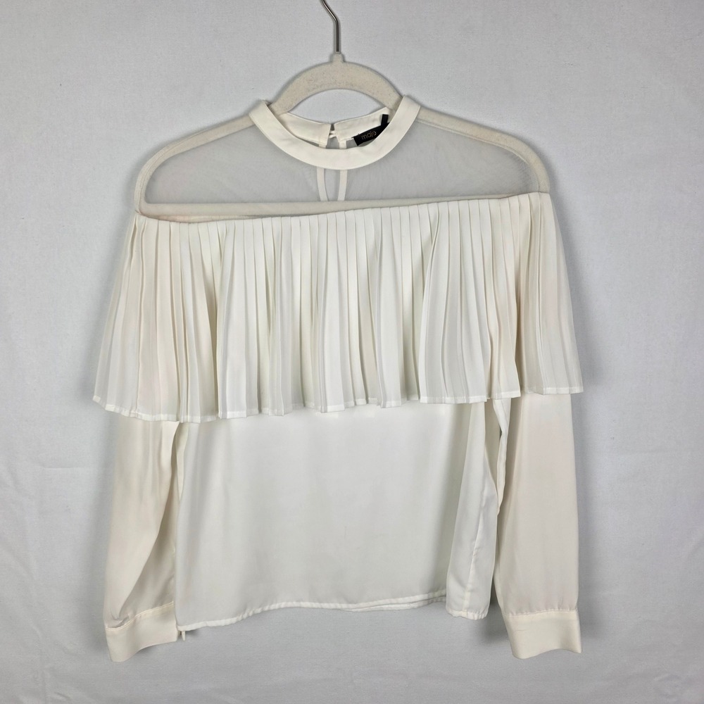 Maje White Long Sleeve Pleated Ruffle Mesh Yoke Blouse Top Size 1